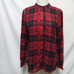 Soft Surroundings Triana Flannel plaid button top blouse ruffle Size Medium Md M